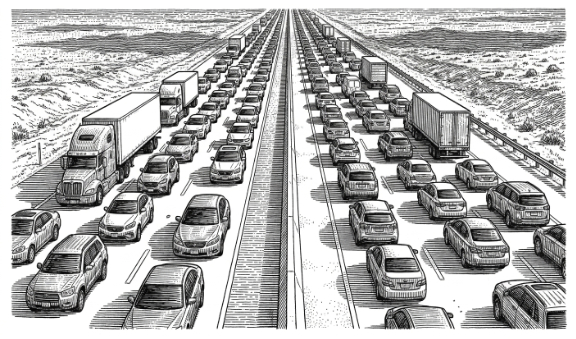 Congestion of cars on long stretch of road